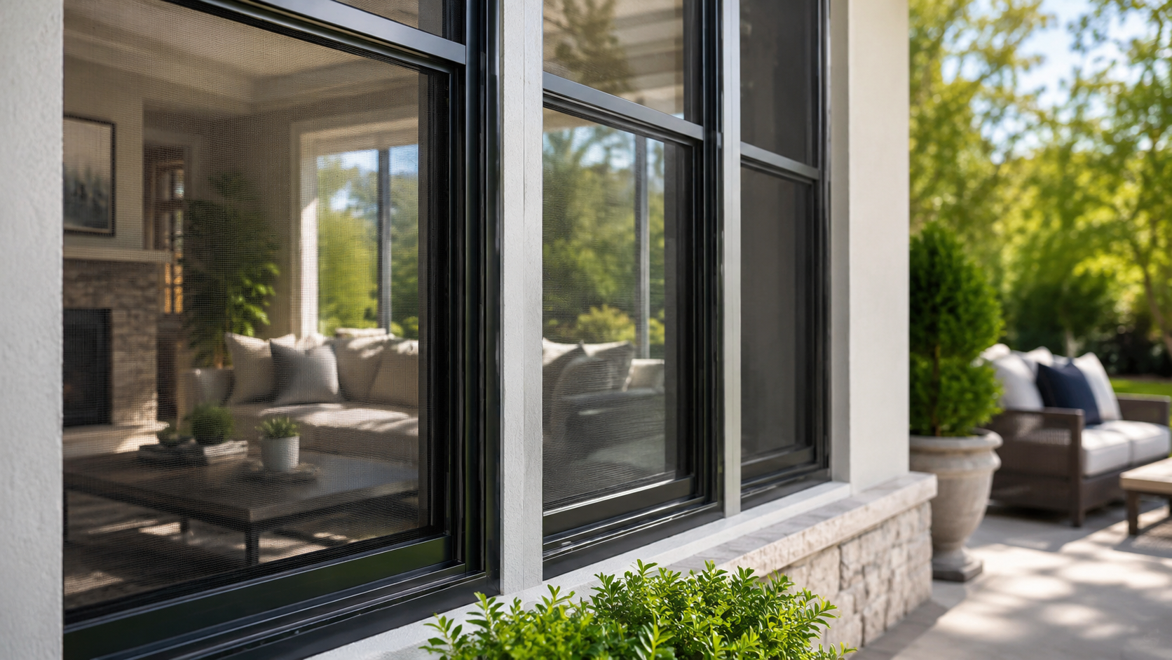 Clean installed window screens on a bright home