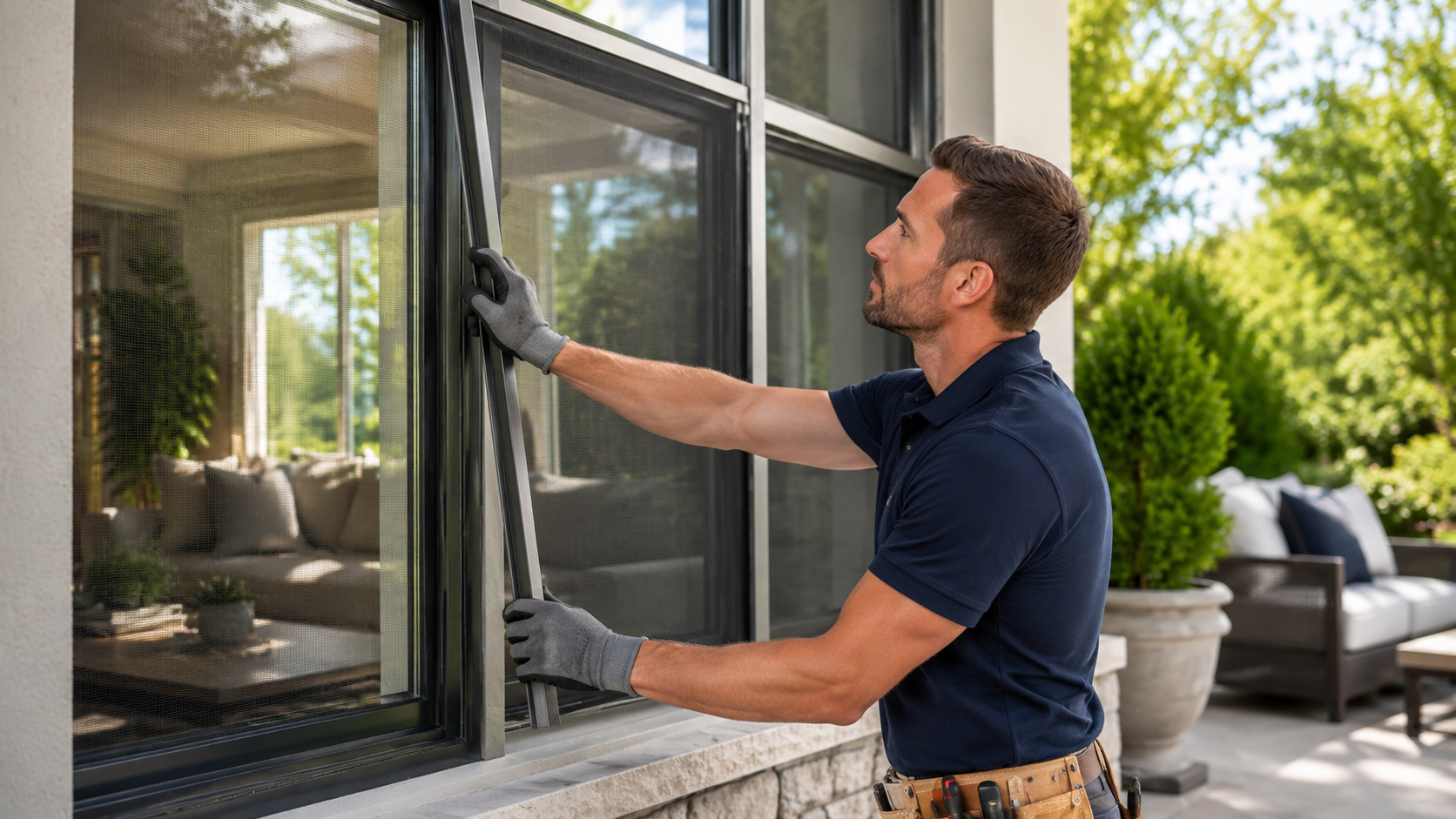 Technician installing a window screen