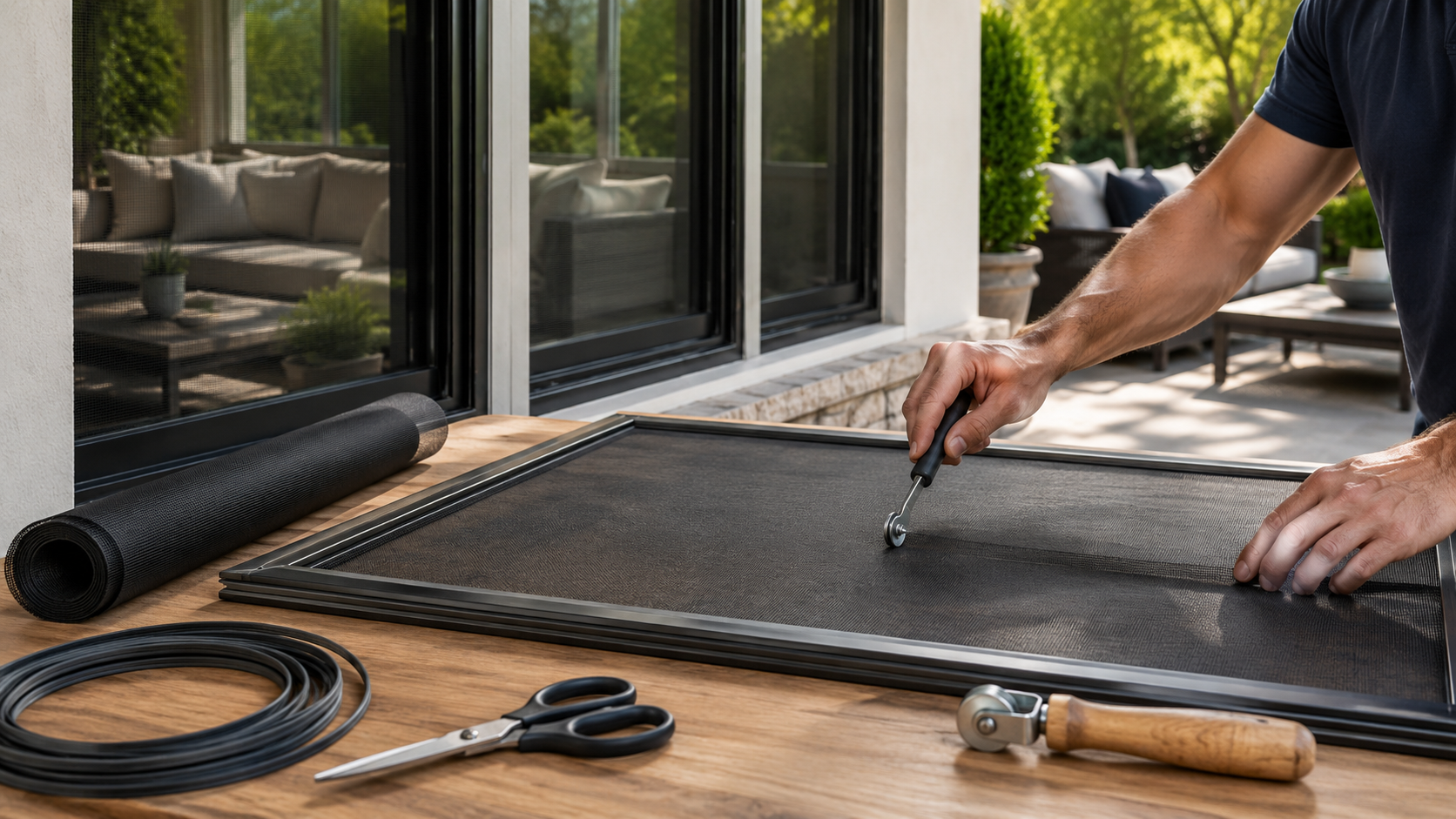 Window screen repair process on a workbench